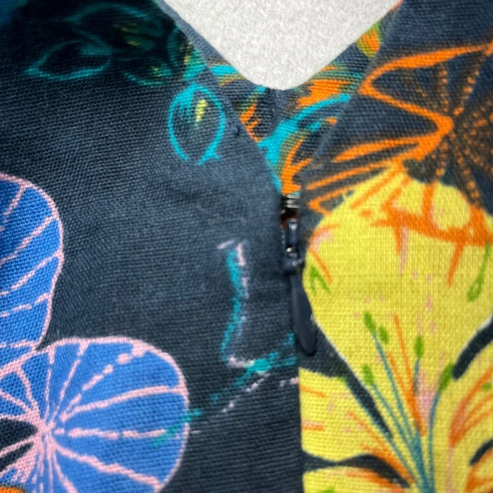 New Tropical Floral‎ Midi Dress Women 16 Linen Blend Ruffle Sleeve V Neck Sumer